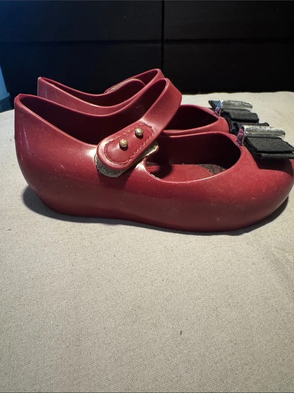 Mini Melissa Red Mary Jane Flats with Black Ribbon Bow